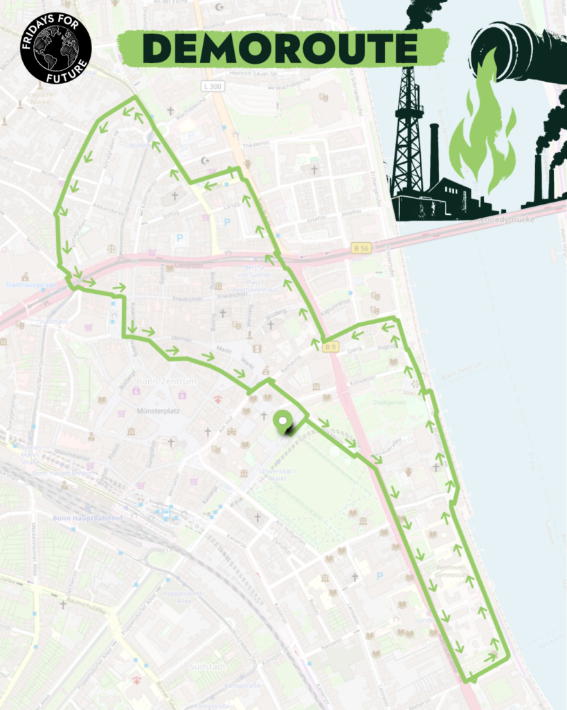 Eine Karte mit eingezeichneter Demoroute. Die Route beginnt und endet am Hofgarten, startet entlang der Konrad-Adenauer-Allee, führt dann am Rhein zurück und kommt nach einem Abstecher durch die Altstadt und Innenstadt wieder zum Hofgarten zurück.